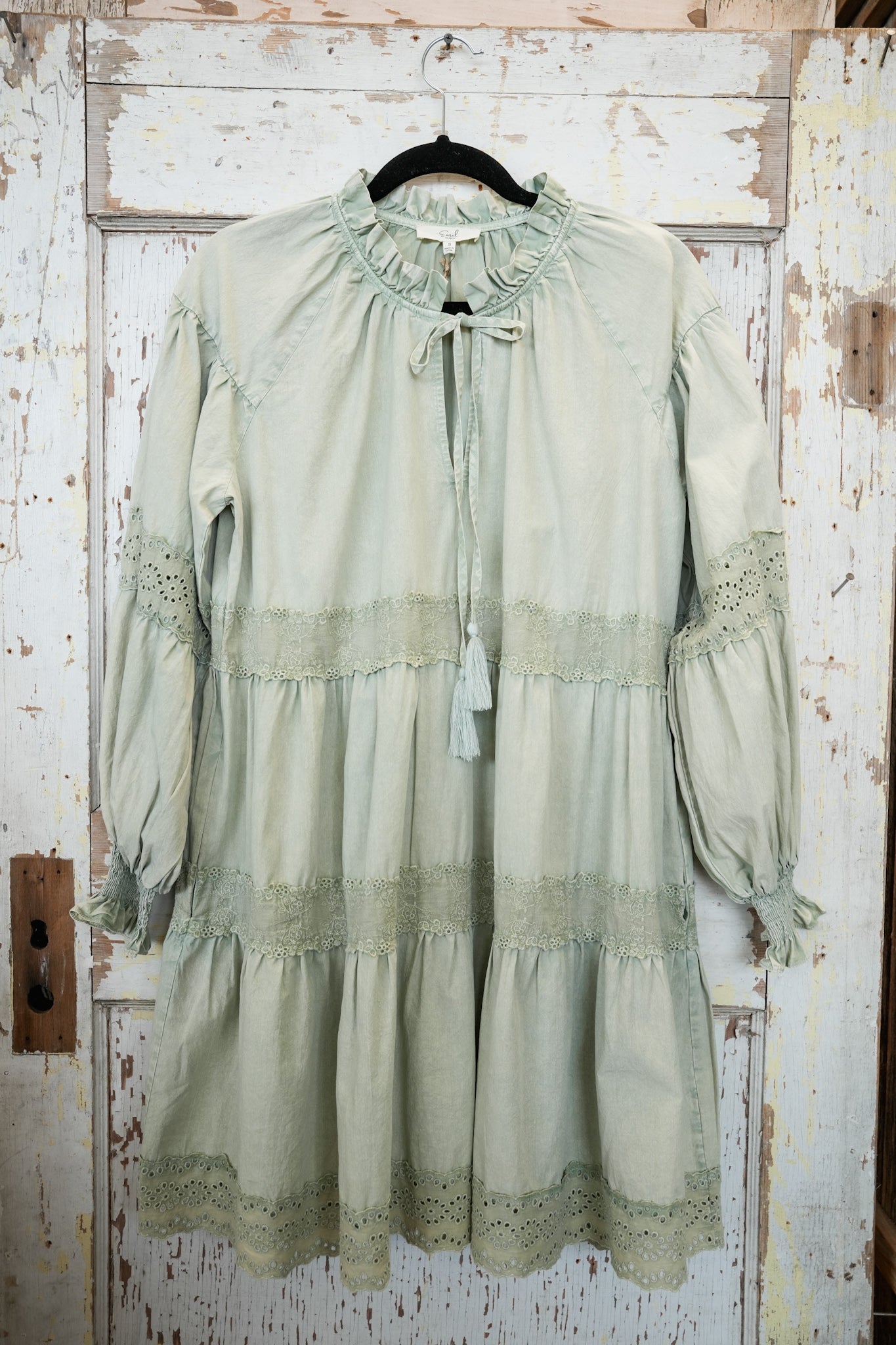 LONG SLEEVE MINERAL WASHED SAGE DRESS